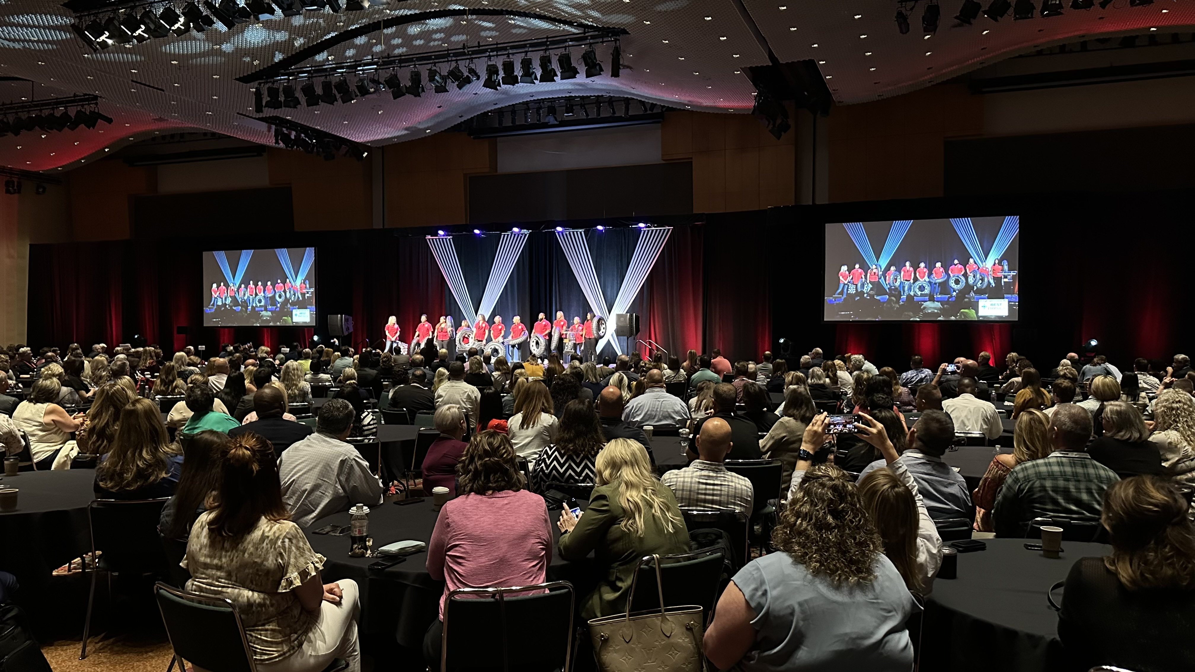 An aerial view of a trade show floor